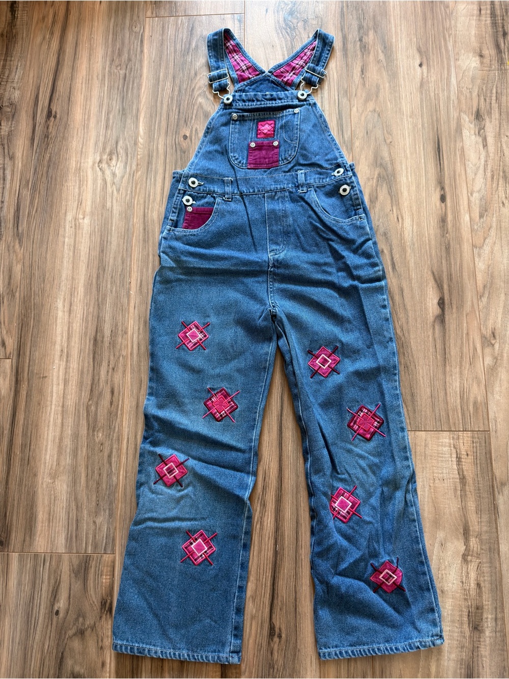 Faded Glory Girls 7 Y2K Denim Overalls Pink Embroidered Patchwork Wide Leg